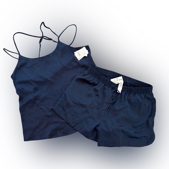 Auden Navy Blue Silky Satin Pajamas Cami Top & Shorts Set NWT Size S - Picture 1 of 9